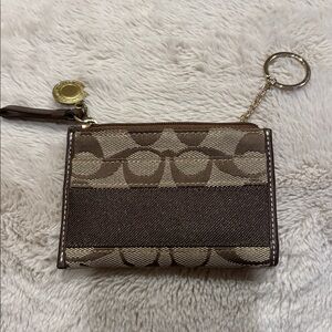 Coach Signature Stripe Brown Mini Skinny ID Case Card Holder Keychain Preowned